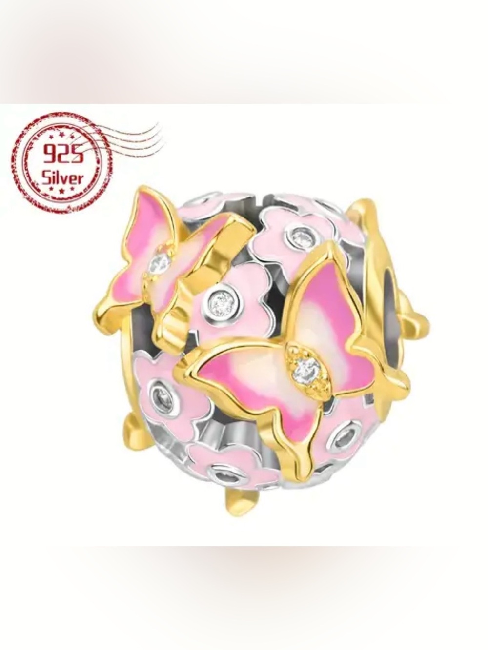 🦋 925 Pink Butterfly & Floral Charm | Gold Tone Accents | CZ | Sterling Silver